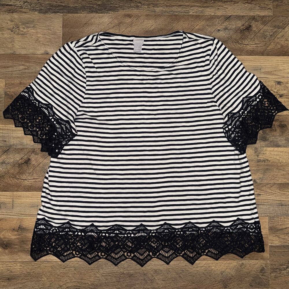 Chico’s Navy & White Nautical Tee Lace Hem & Sleeve Detail Cotton Blend 4 US XXL